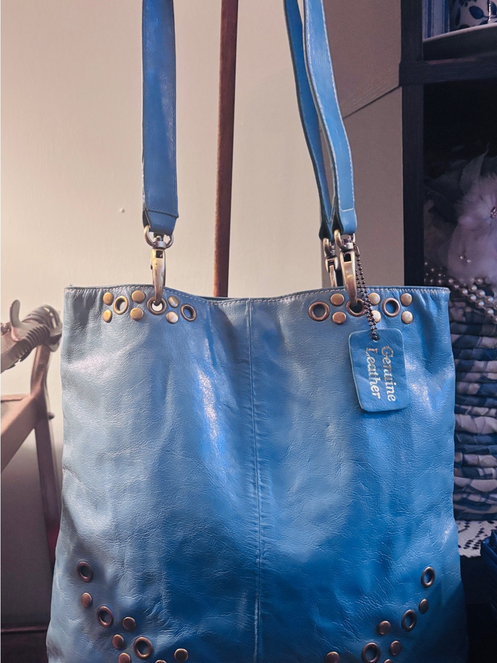 Peck & Peck Turquoise Leather Tote with Stud Accents